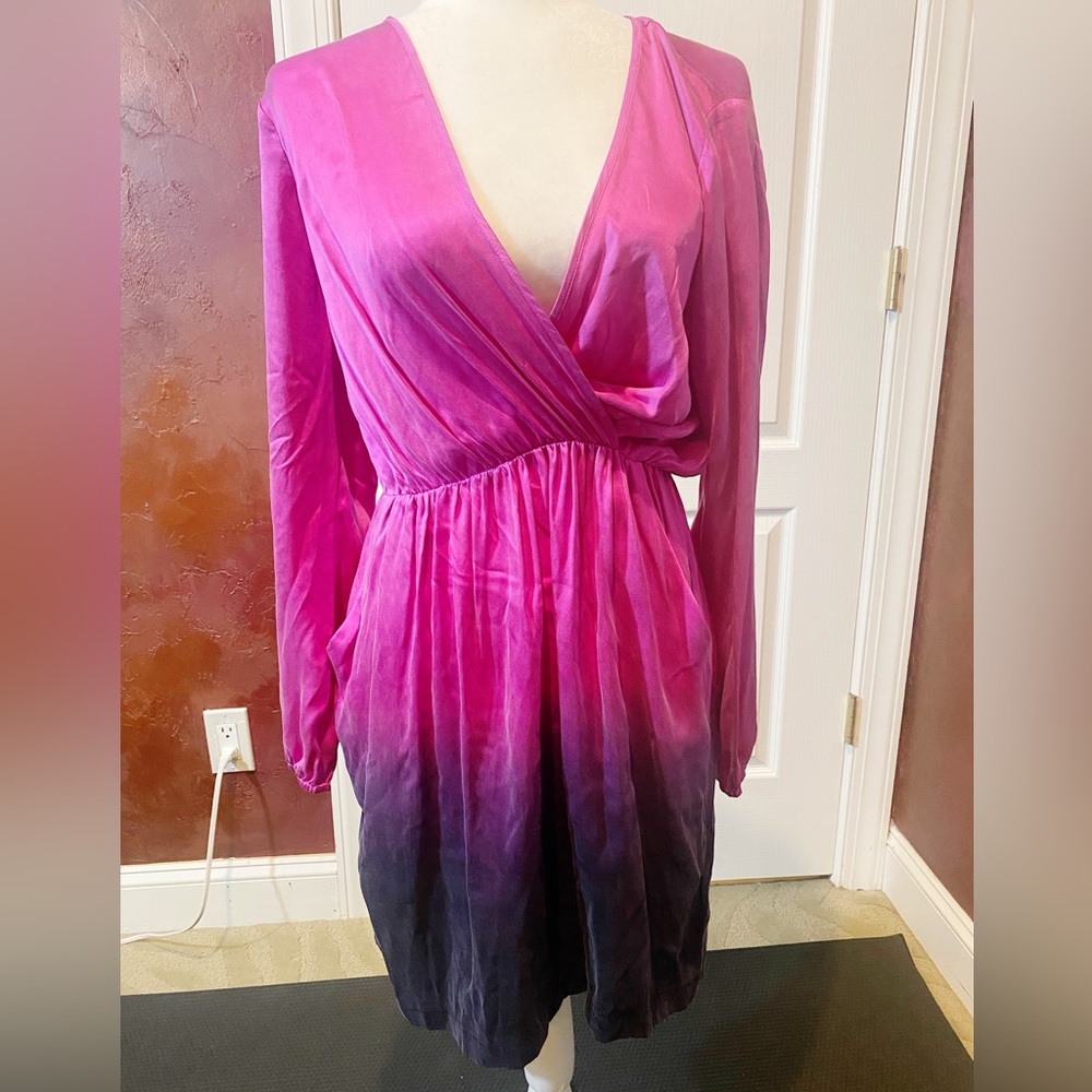 NWT Akiko 100% Silk Long Sleeve Dress in Fuschia and Black